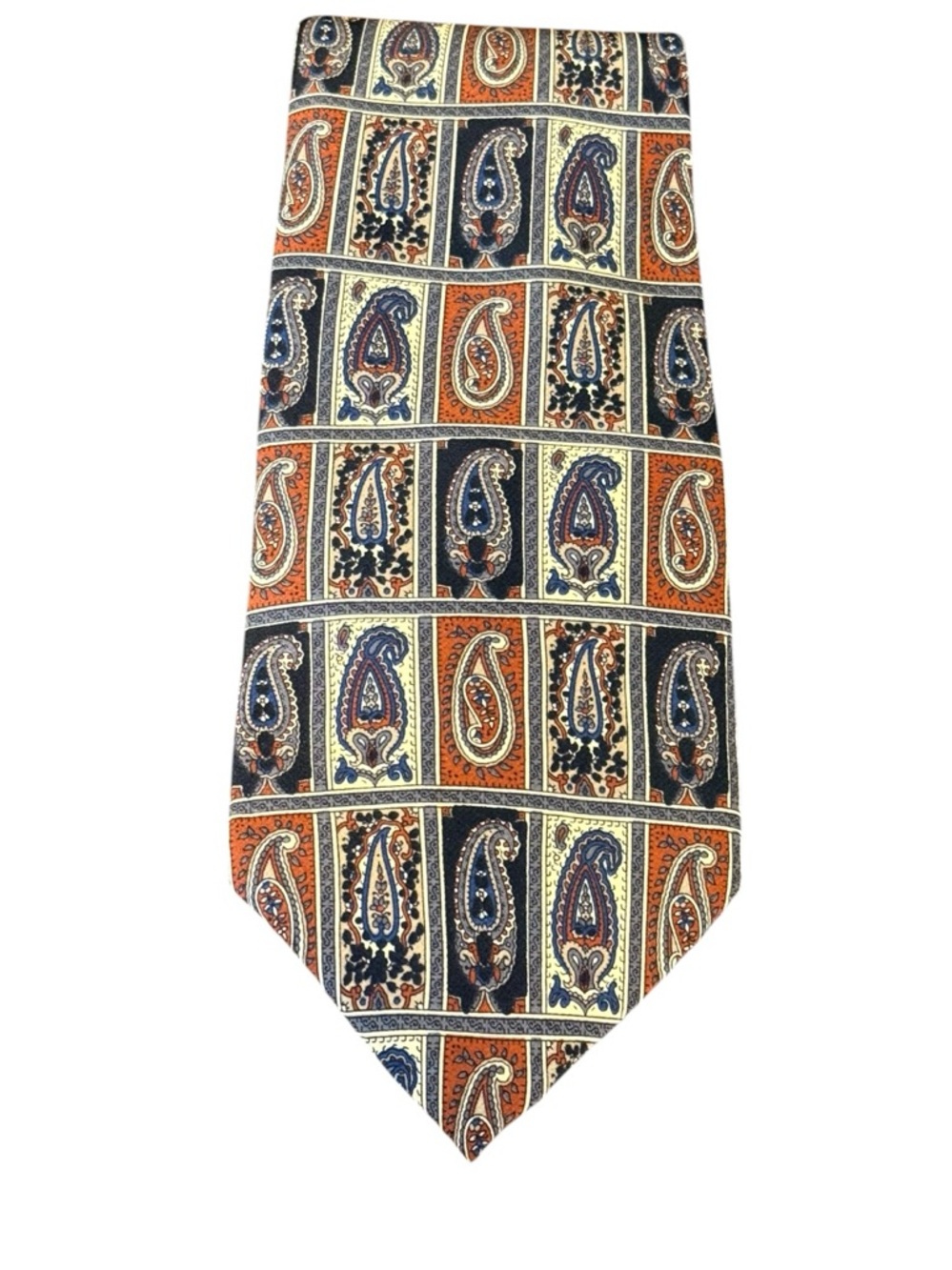 Vintage Bill Blass Silk Tie Cream Navy Rust Paisley Patchwork Block Designer